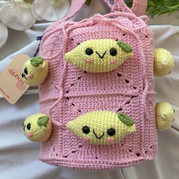 DudonStill Handmade Happy Lemons Pink Crochet Shoulder Bag - Picture 3 of 12